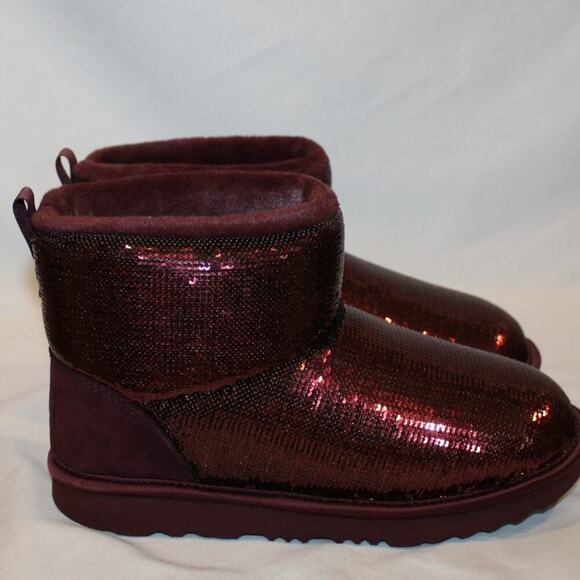 NIB UGG YOUTH SEQUIN MINI SHEARLING LINED BOOTS BURGUNDY PORT‎ - Picture 4 of 7